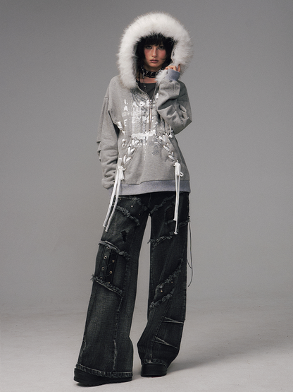 Print Gray Top Decorated Lace-up Floral -