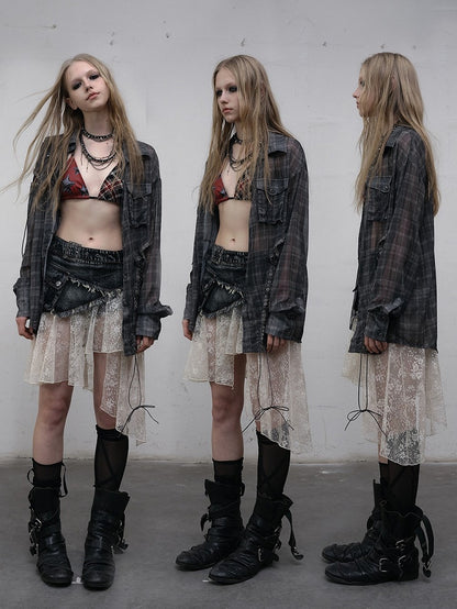 Side Laces Shirt Punk Chiffon with Gray Plaid Cross-Tie Slits