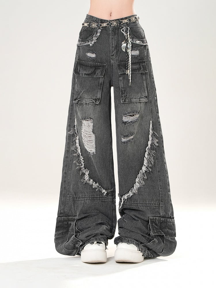 Niedriger Saum, Schwarz/Blaue Leibhöhe, Distressed-Löcher, Raw-Cargohose mit weitem Bein