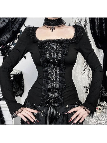 Long Top Black Choker with Sleeve Halloween Matching Lacing Lace D-Ring Gothic Trimmed