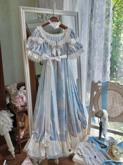 Stück Lolita Maxi One Kleid Taille Elegante Klassische Malerei Blau Empire Öldruck