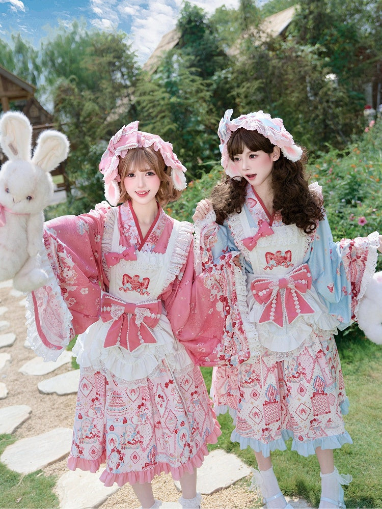 White and Pink Lolita Overlay Dress with Strawberry Embroidery, Bow & Lace Trim - San Sheng Du