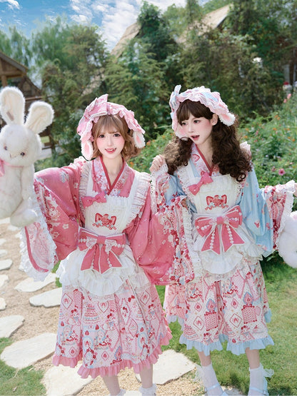 White and Pink Lolita Overlay Dress with Strawberry Embroidery, Bow & Lace Trim - San Sheng Du