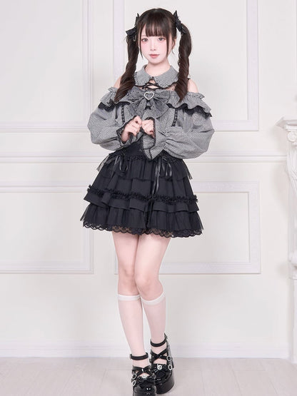 Jirai Kei – Langärmlige, karierte Bluse mit Illusionsausschnitt und ausgeschnittener Schulter