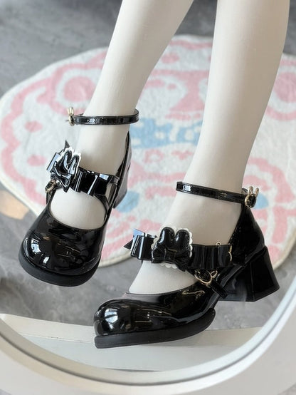 Round Heels Motif Bow Toe Black Sweet Leather Crisscross with - Mid Bunny PU Lolita Details