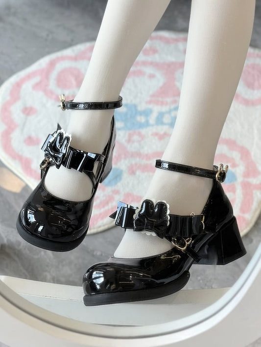 Round Heels Motif Bow Toe Black Sweet Leather Crisscross with - Mid Bunny PU Lolita Details