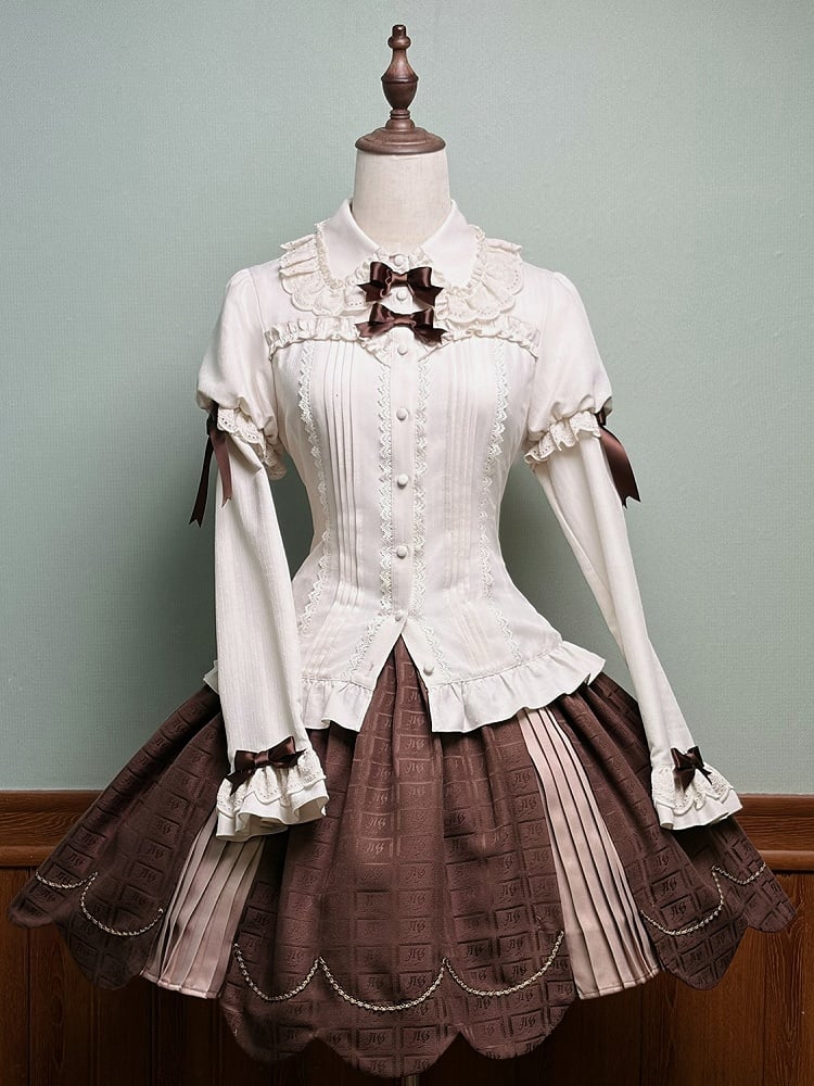 Blouse and Brown Accents Sleeves with Lace Juliette Lolita Beige Bow Trim