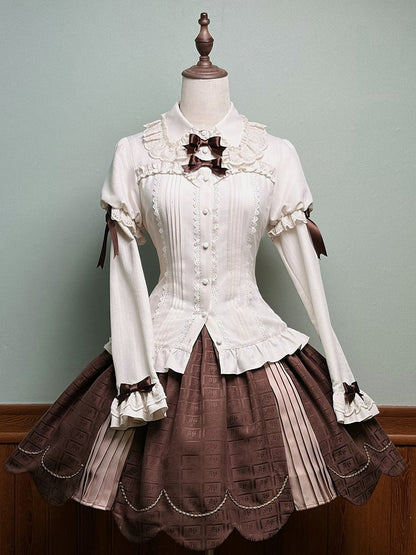 Blouse and Brown Accents Sleeves with Lace Juliette Lolita Beige Bow Trim