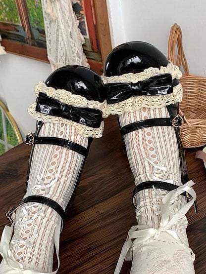 Mid with Trim Lace Lolita Heels and Mary - Sweet Details Jane for Heart Buckle Black Bow