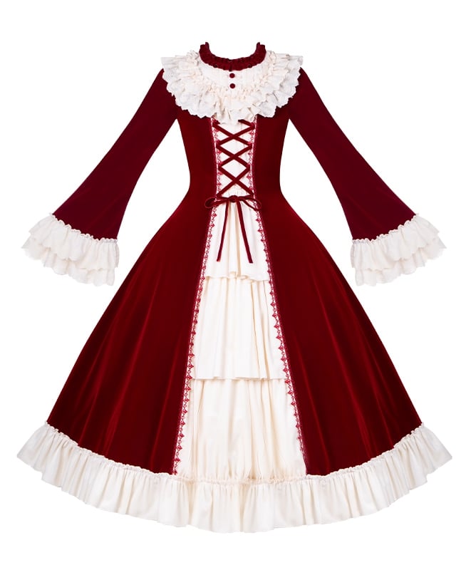 Eyelet Red Winter Beige with Scalloped Velvet Dress Trims Ruffle Neckline Lolita