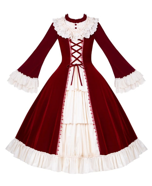 Eyelet Red Winter Beige with Scalloped Velvet Dress Trims Ruffle Neckline Lolita