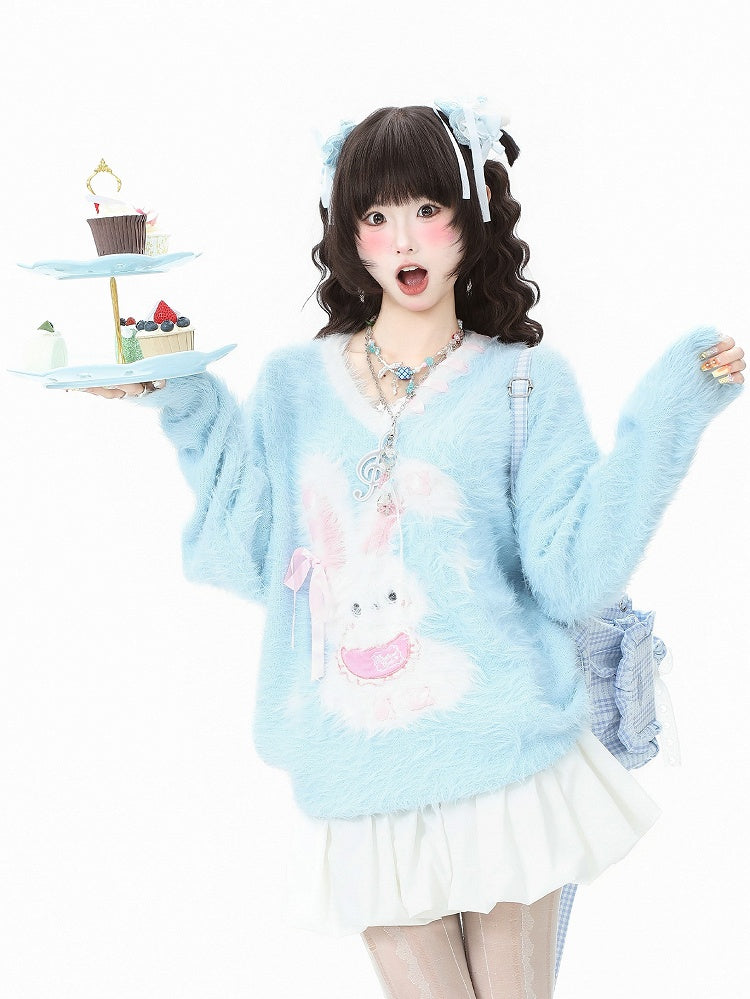 Decorative Motif Strap Sweater Kawaii V-neck Bunny Self-tie - Daily Blue/Pink