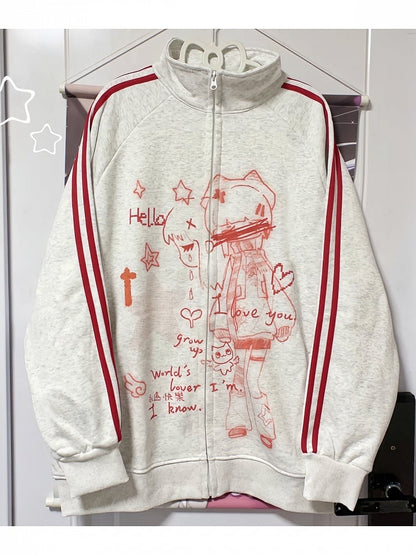 Red Anime Print Zip Closure Jacket - Corner cat