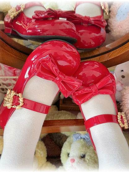 Sweet Mary with Buckle Lolita - Red Round Toe Janes Accents Bow Kitten Delicate
