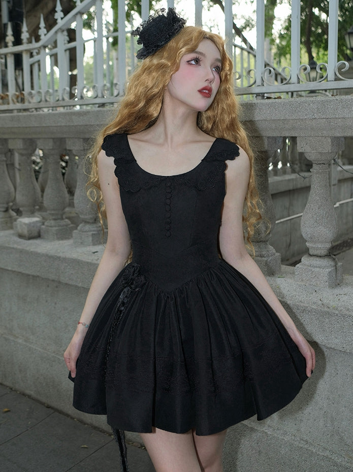 Black Rosette Lolita Jumper Skirt with Basque Waist