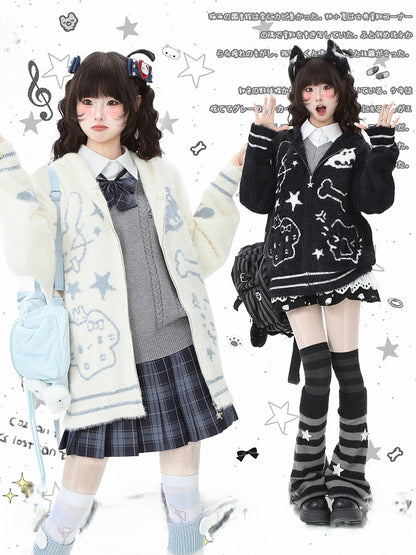 Patterns White/Black Hood Cat Animal Ear Plush Jacket with Adorable