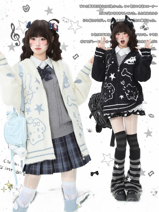 Patterns White/Black Hood Cat Animal Ear Plush Jacket with Adorable