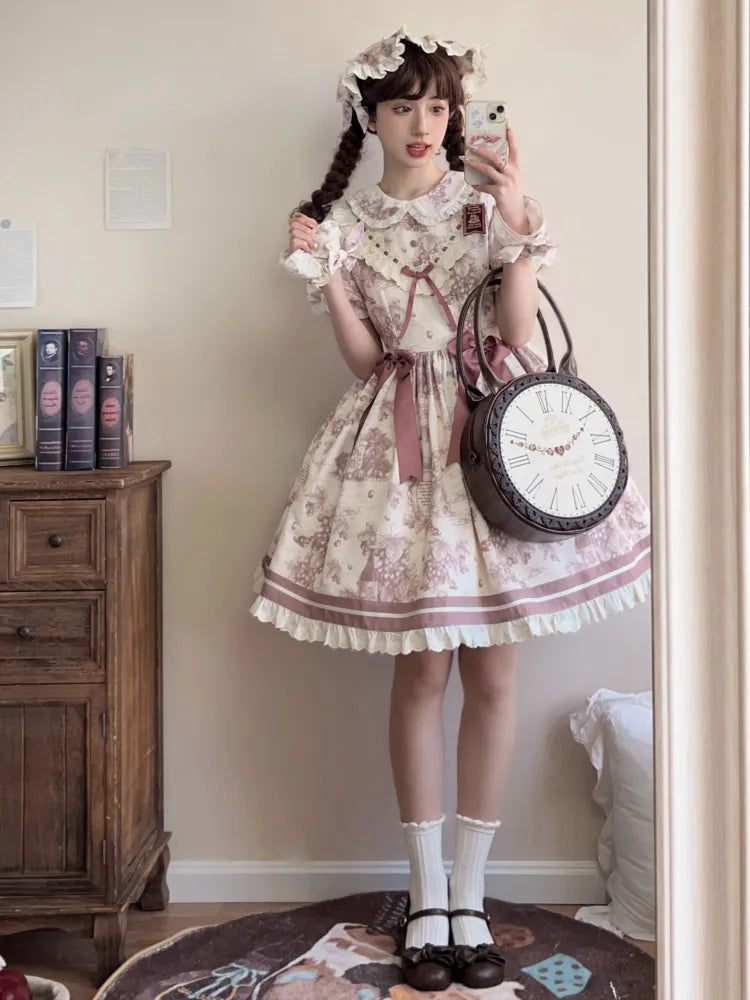 Lolita-Kragen-Print Pan Dusty Grapes Kurzes lila Ärmelkleid Peter