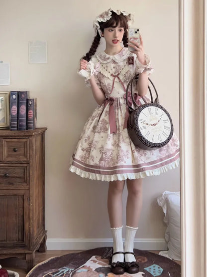 Lolita-Kragen-Print Pan Dusty Grapes Kurzes lila Ärmelkleid Peter