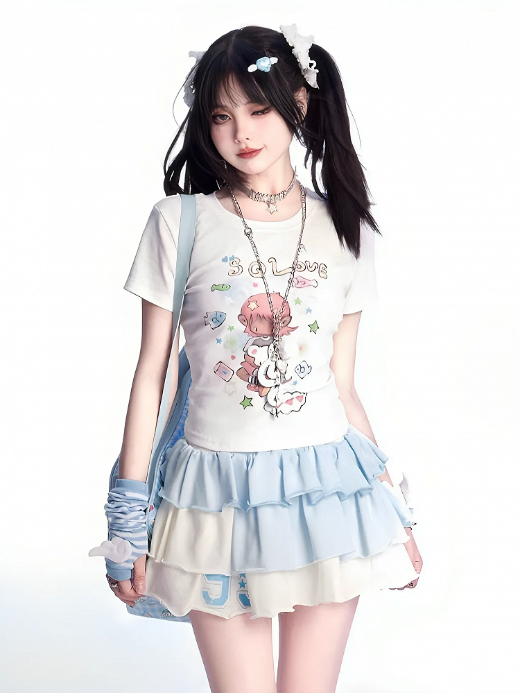 ホワイトラウンドネックかわいい漫画プリントTシャツ