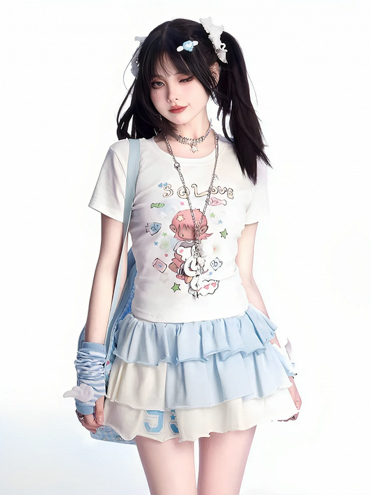 ホワイトラウンドネックかわいい漫画プリントTシャツ