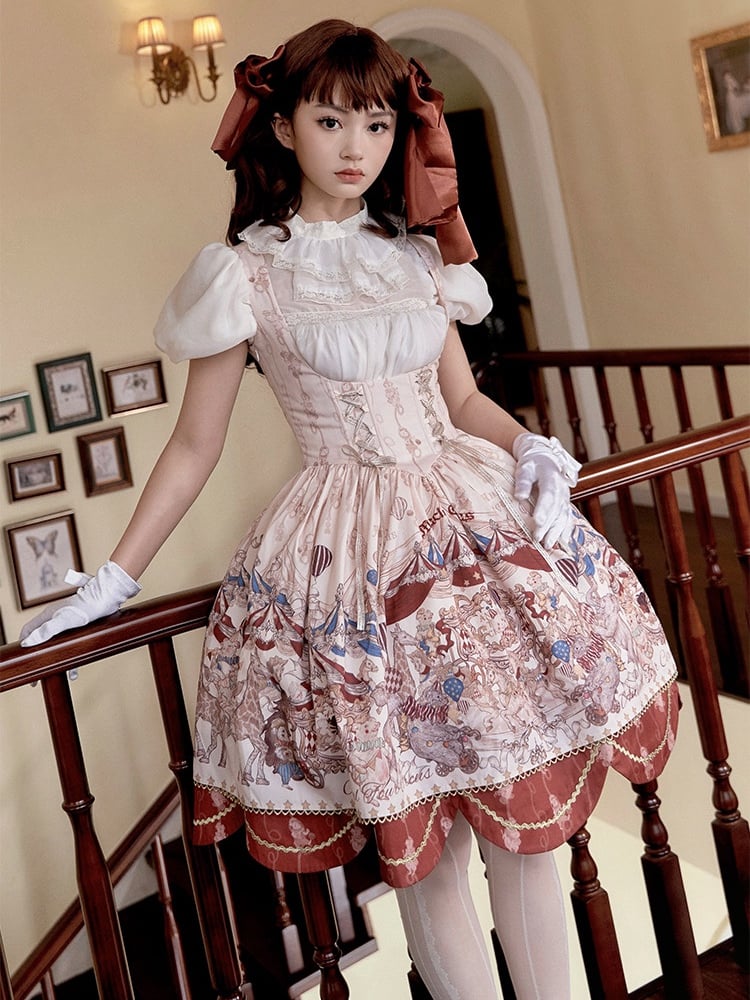 アンダーバスト、ボーンウエスト、サーカスアニマル柄、ロリータジャンパースカート、ショートバージョン