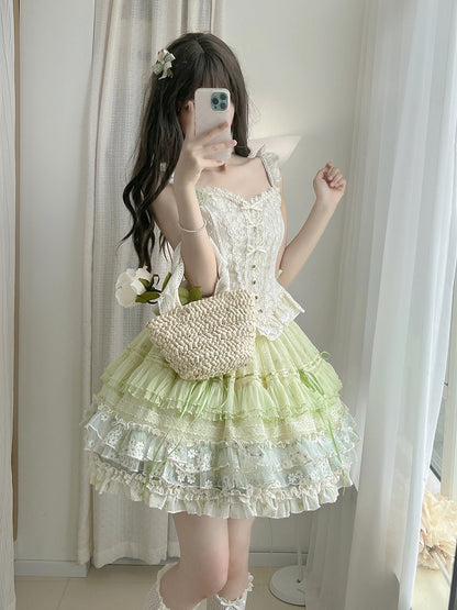 Short Green Bowknot Embroidery Classic Lolita Layered Ruffle Skirt - Amor Design