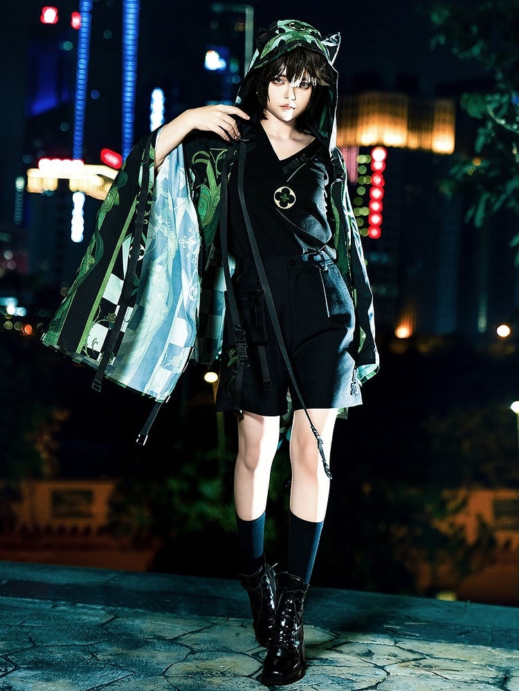 Ohren Riemchenmode Grün Cyberpunk Schnalle Kapuzentop Details Ouji Cat Techwear