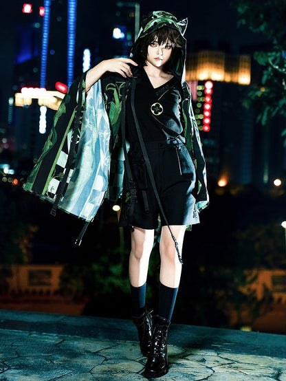 Ohren Riemchenmode Grün Cyberpunk Schnalle Kapuzentop Details Ouji Cat Techwear