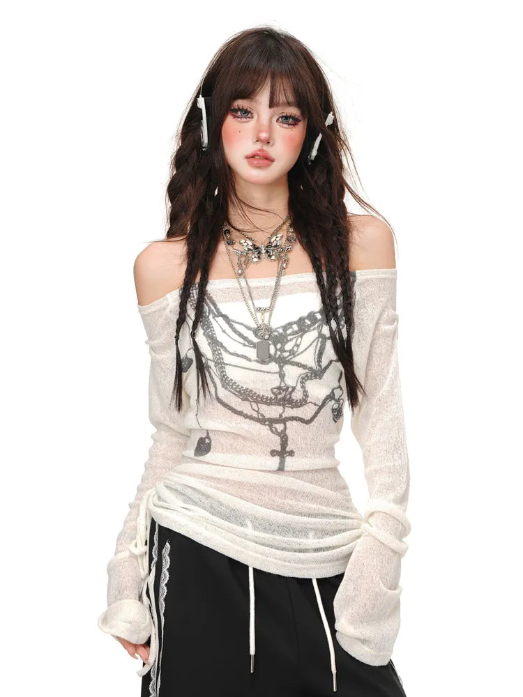 Top Graffiti Weiß/Schwarz Halbtransparenter Kordelzug in der Taille