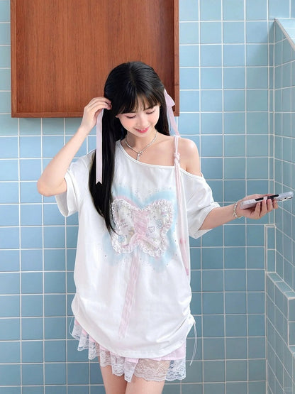 Sequins Decorated Lace-up Butterfly White Asymmetrical Neckline T-shirt Detail
