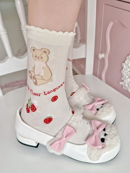 Sweet Pattern Lolita Bear Strawberry Ruffled Bunny Socks Cotton Theme and 4 Colors