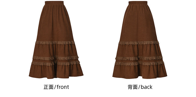Brown Lace Trim Ankle Length Skirt