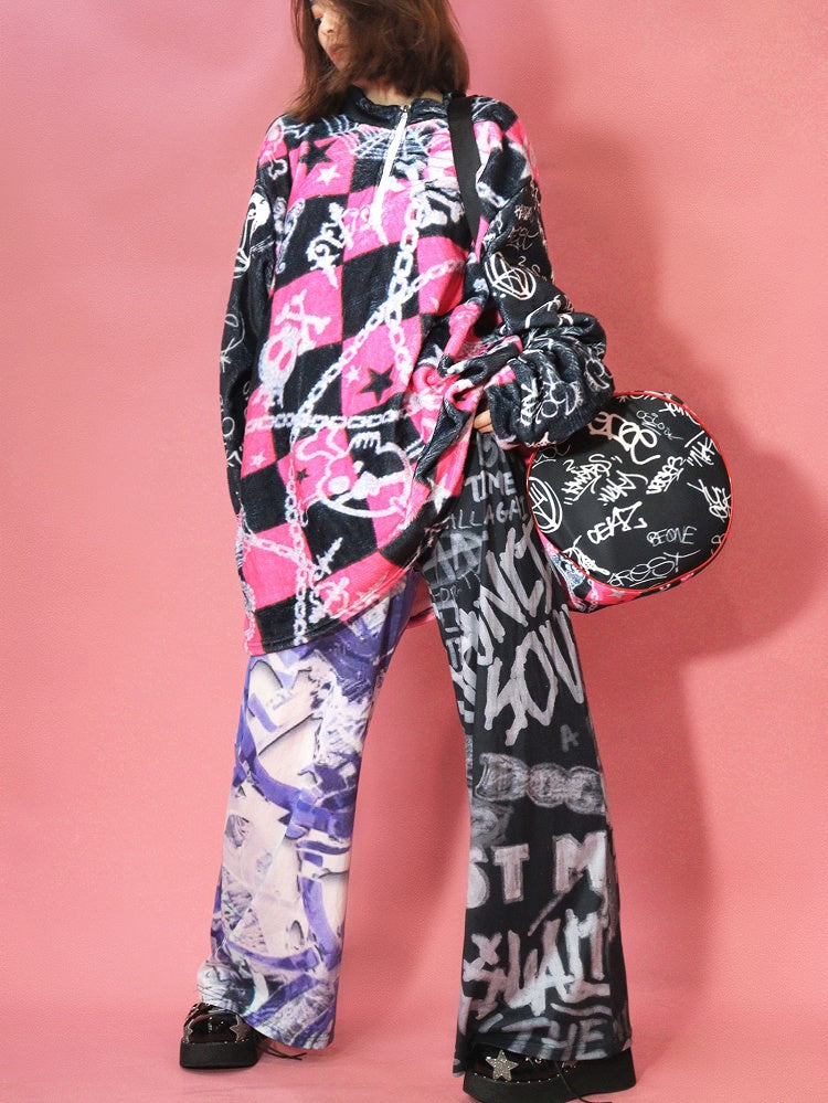 Und Skelett Karierte Krone Y2K Print Stern Oversize Muster Sweatshirt Schwarz