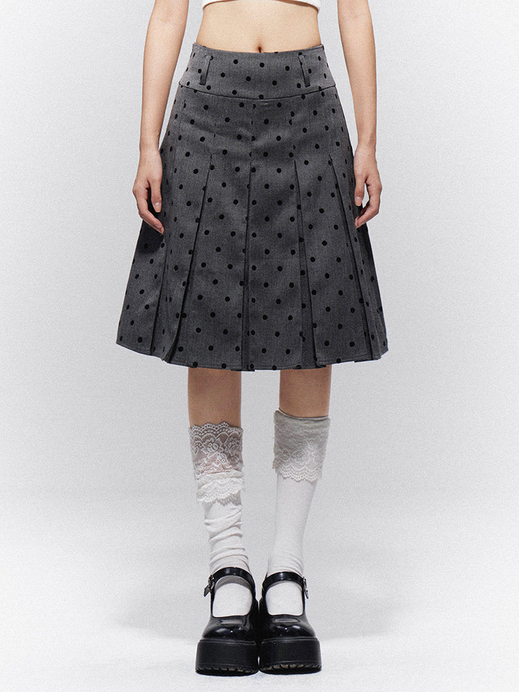 Belt Skirt Knee-Length Dots with Box Pleat Black Preppy Gray Polka Loops