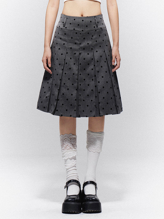 Belt Skirt Knee-Length Dots with Box Pleat Black Preppy Gray Polka Loops