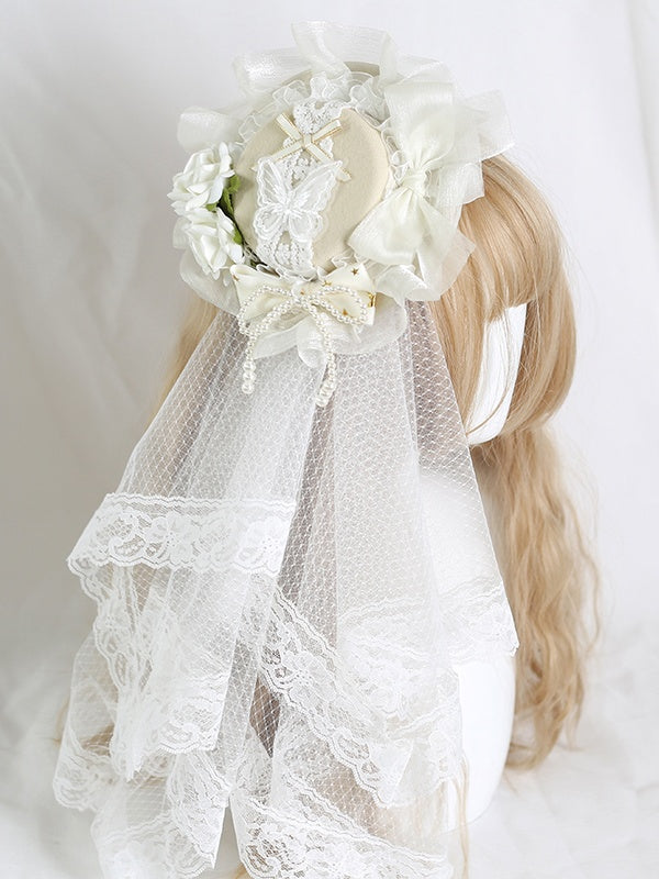 Lace Hat Bowknot Lolita Mini Star-patterned Gorgeous Veil Beige +