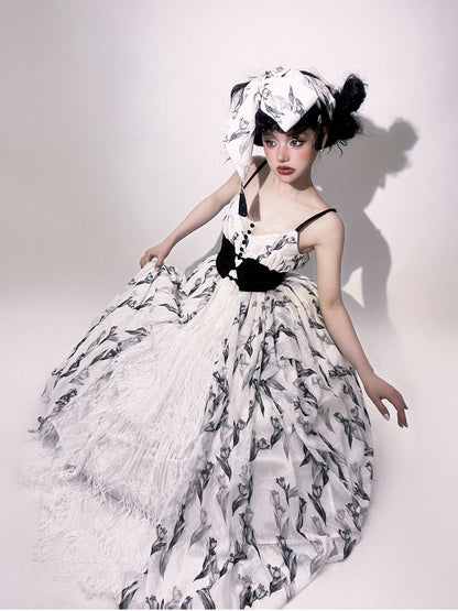 Tulip Dress+Cropped Set Top+Corset Lolita Black Elegant Classic Belt+Hairrband Full Pattern White