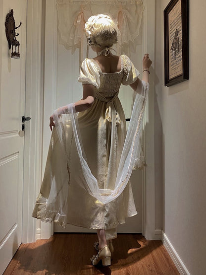 Champagne Empire Waist Lolita OP Dress with Beadwork - Qian Mu