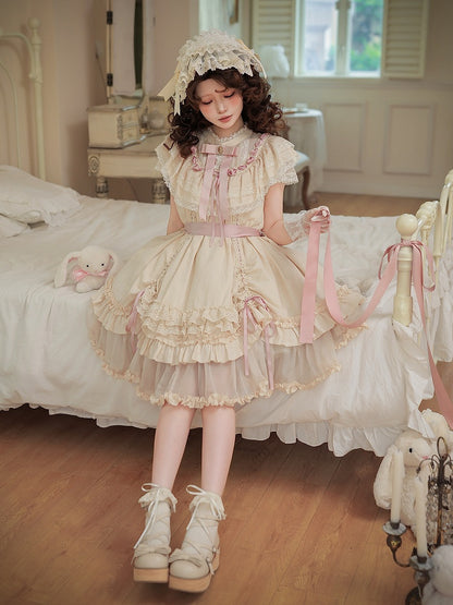 Beige Rosette Jacquard Lolita OP Dress with Layered Ruffles - With PUJI