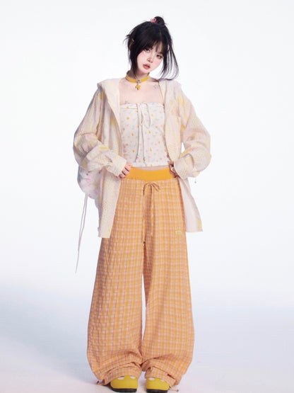 Drawstring Cuffs Wide-leg Casual Pants Orange Plaid Elastic Waist