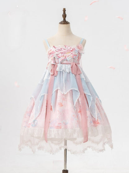 Lolita Overlay Floral Trim Edge Han with Scalloped Dress Golden JSK Blue Embroidery and Print Pink Fish