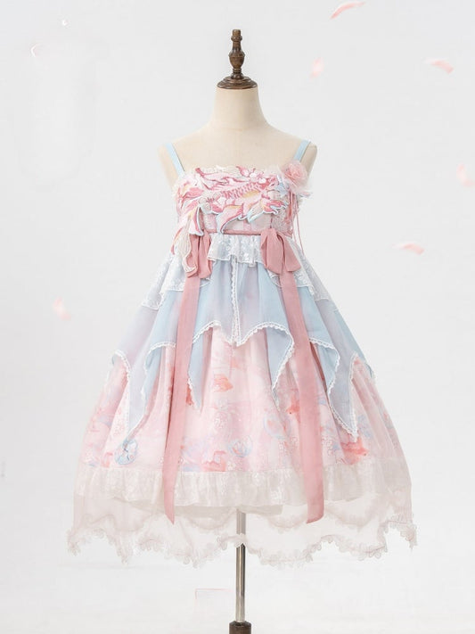 Lolita Overlay Floral Trim Edge Han with Scalloped Dress Golden JSK Blue Embroidery and Print Pink Fish