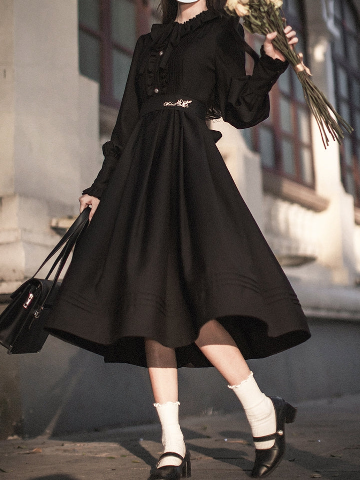 Ruffle Neckline Black Vintage Bishop Sleeves Dress