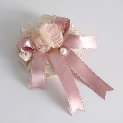 Hairclip Bead Cute Lace Charm Doll-Style Beige Pink Floral With Bowknot