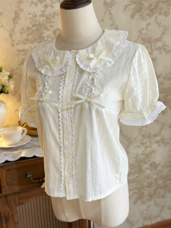 Beige Sweet Peter Pan Collar Short Sleeve Cotton Blouse Lolita - Jelly Girl
