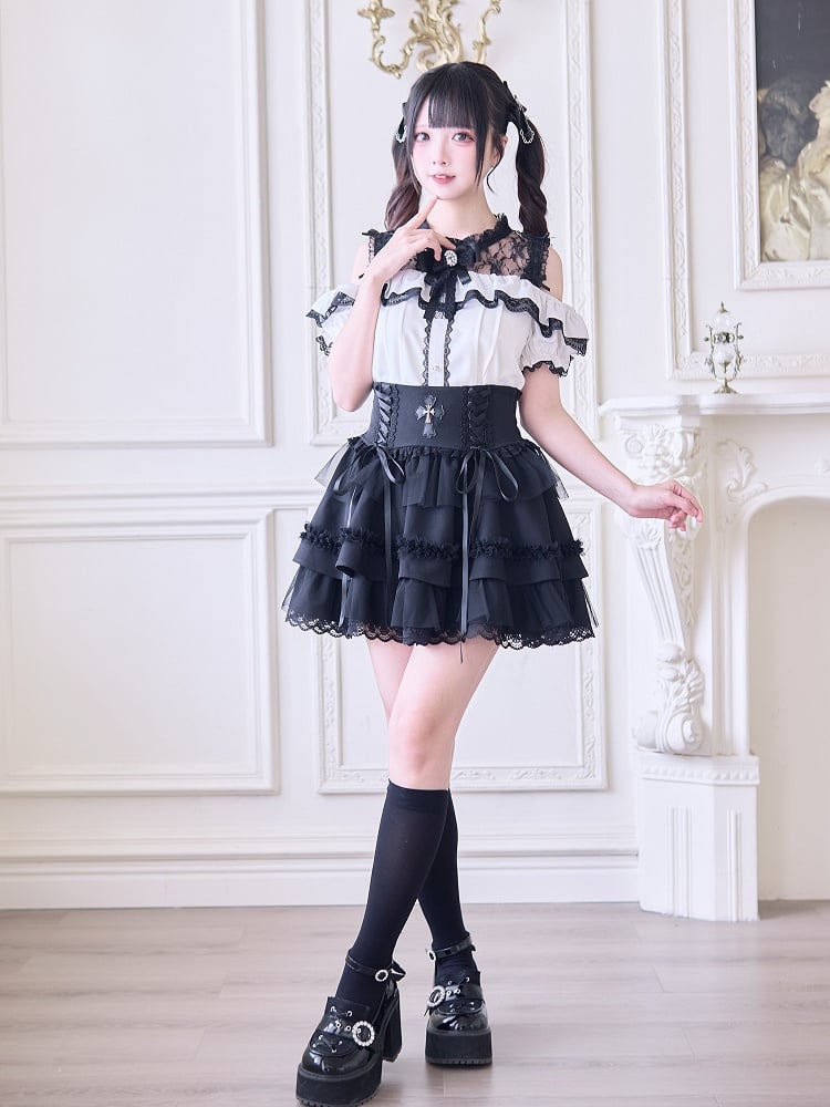 Jirai Kei White Blouse Black Neckline with Shoulder Open Illusion