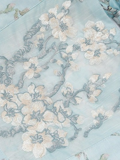 Green Flutter Sleeve Floral Embroidery Bow Lolita Overlay Dress with Lace - Yimu Walnut