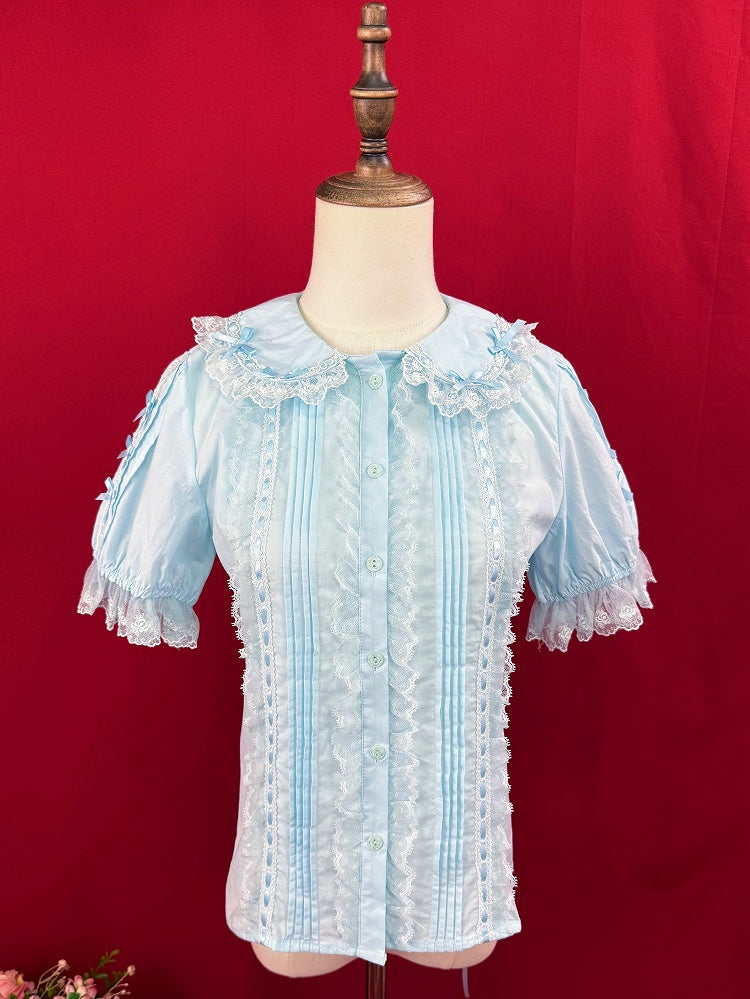 ロリータショートブルーパンスリーブコットンピーターブラウスカラースイート