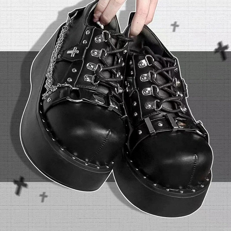 Platform Gothic Punk Matte Black Shoes with Studded Accents & Detachable Chain